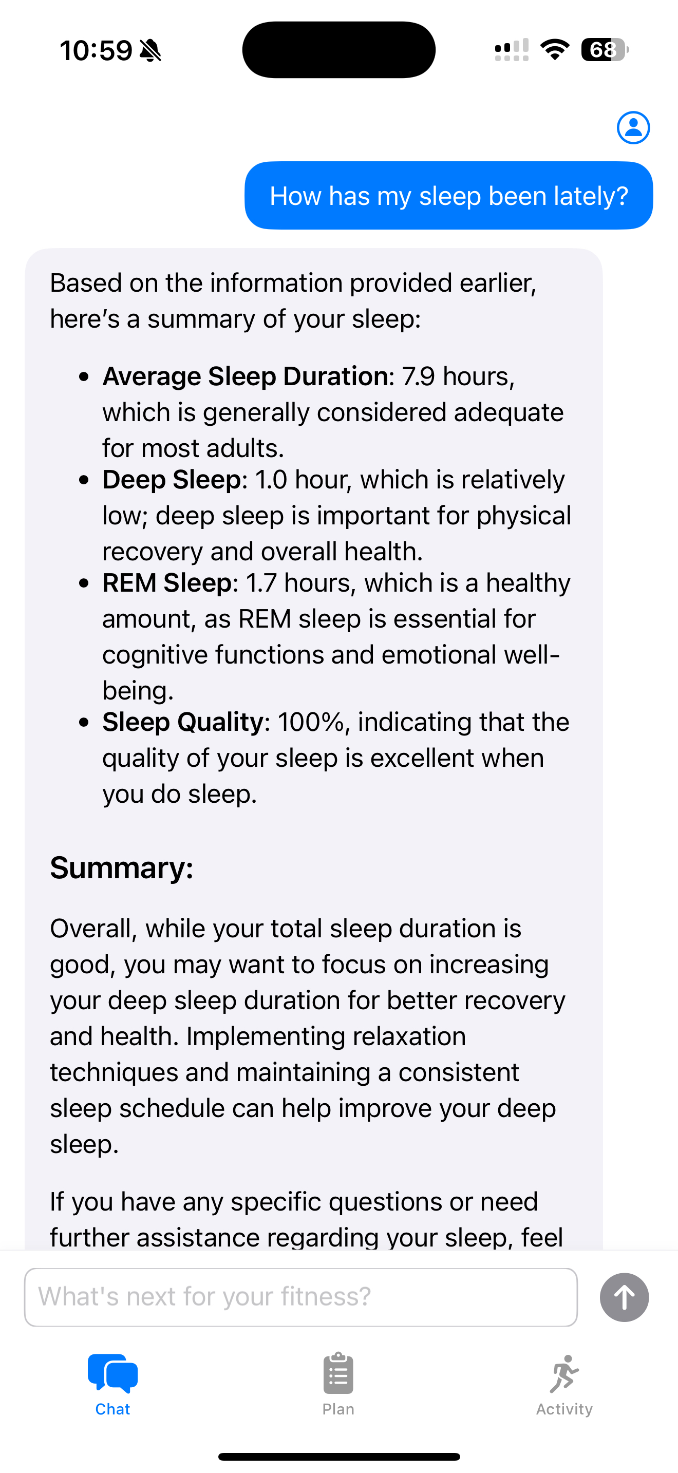 SensAI chat interface showing a detailed sleep analysis conversation