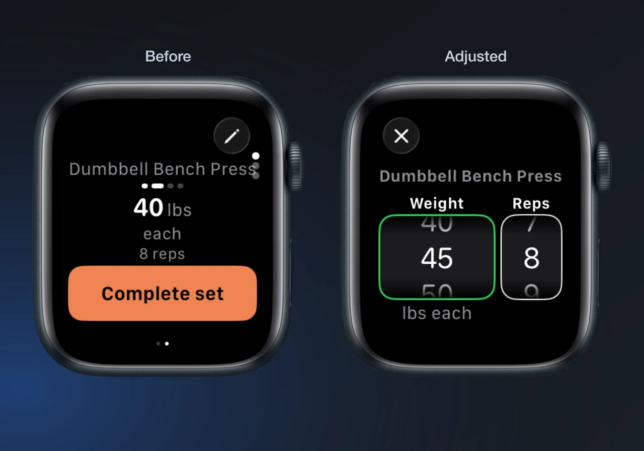 A bench-press set at 40 pounds each and eight reps beside the measurement editor with 45 pounds and eight reps selected.