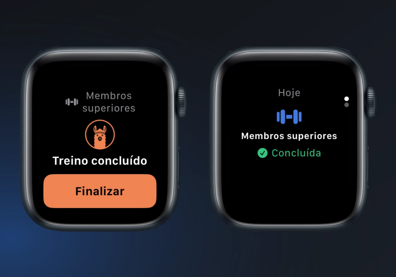 Treino concluído com o botão Finalizar ao lado do treino Membros superiores de hoje marcado como Concluída.