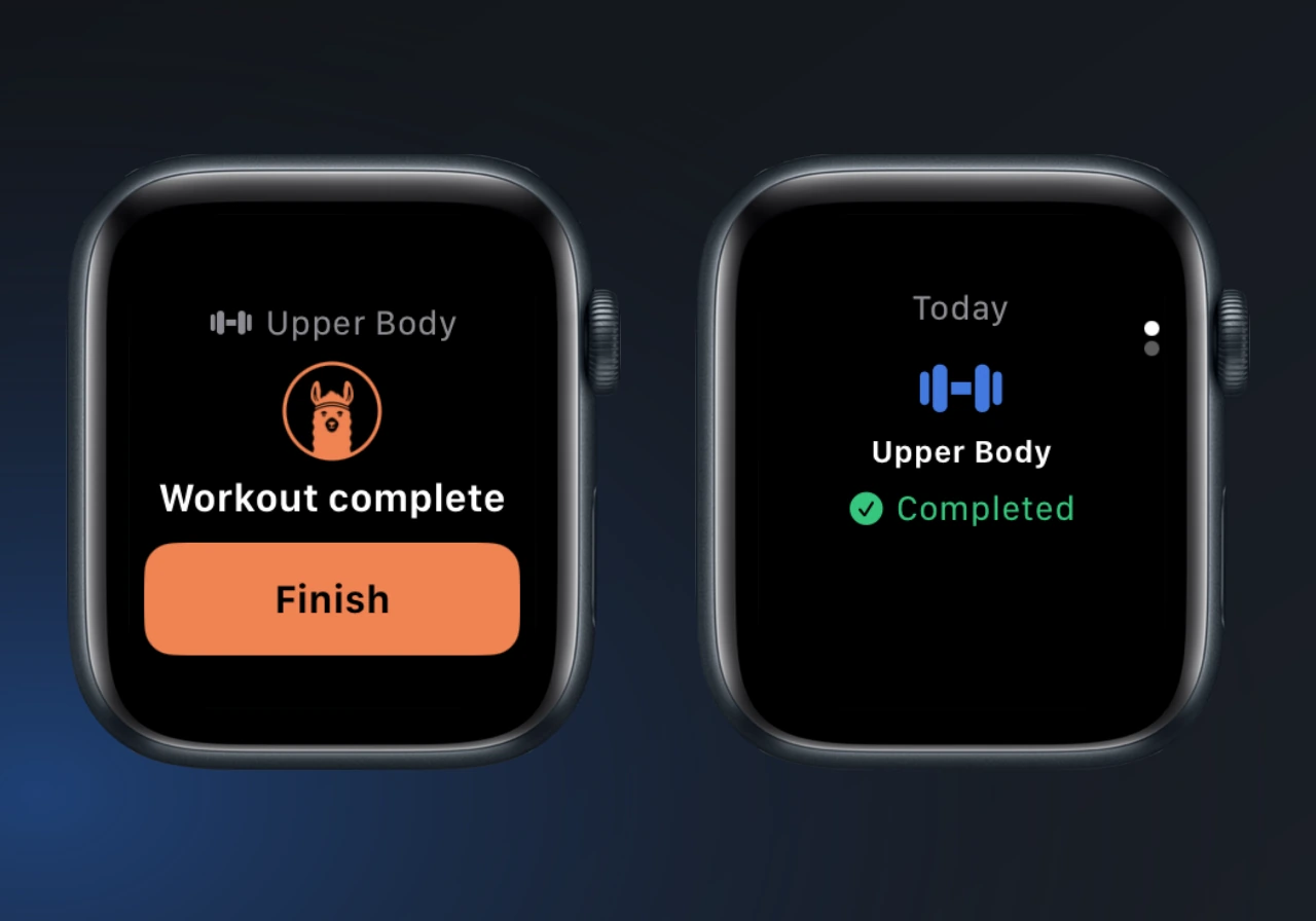 Workout complete with a Finish button beside Today’s Upper Body workout marked Completed.