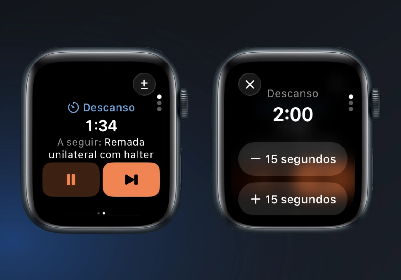 Uma contagem regressiva de descanso com 1:34 restantes ao lado de Ajustar descanso com 2:00 no total e controles de menos e mais em passos de 15 segundos.