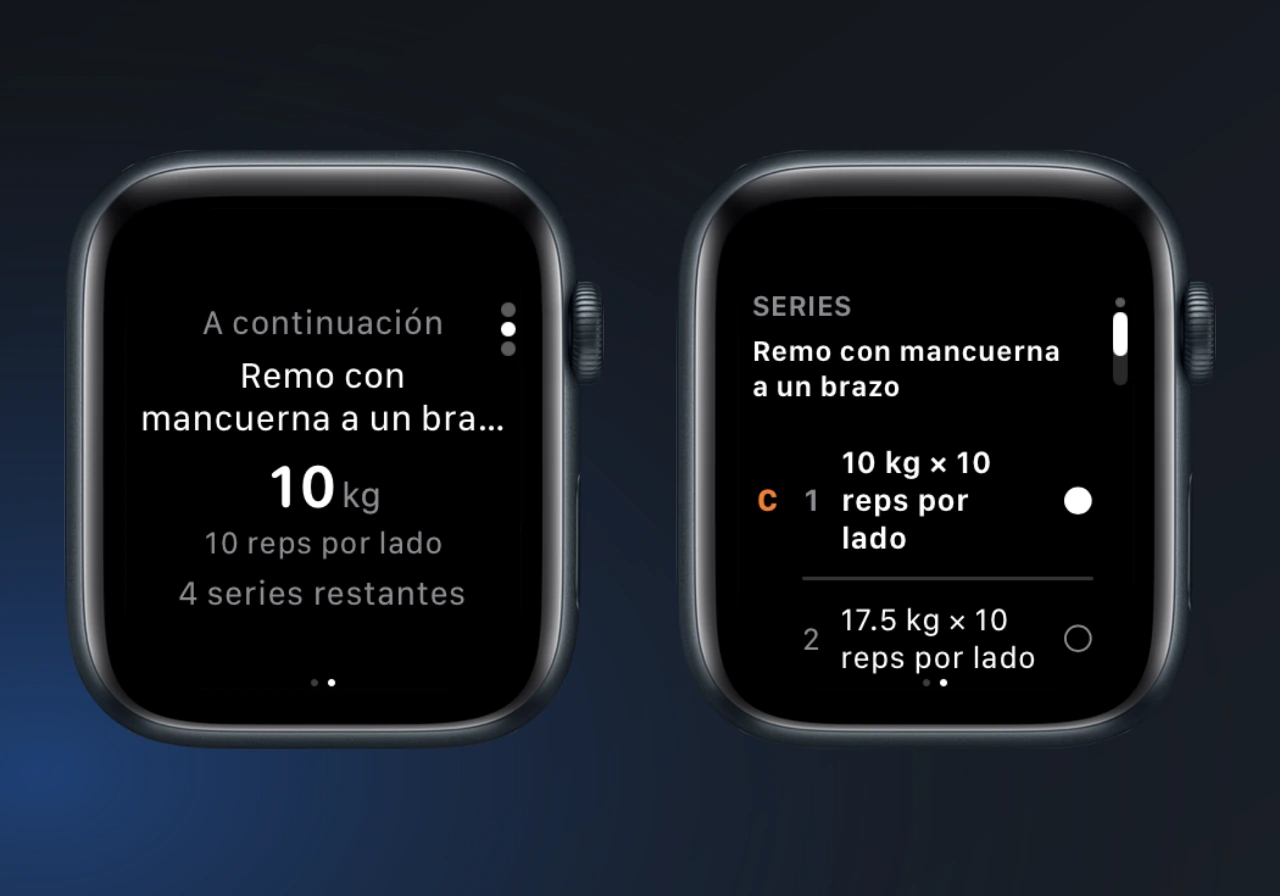 A continuación muestra Remo con mancuerna a un brazo con 10 kg y 10 repeticiones por lado, junto a Series con un calentamiento de 10 kg y una serie de trabajo de 17.5 kg.