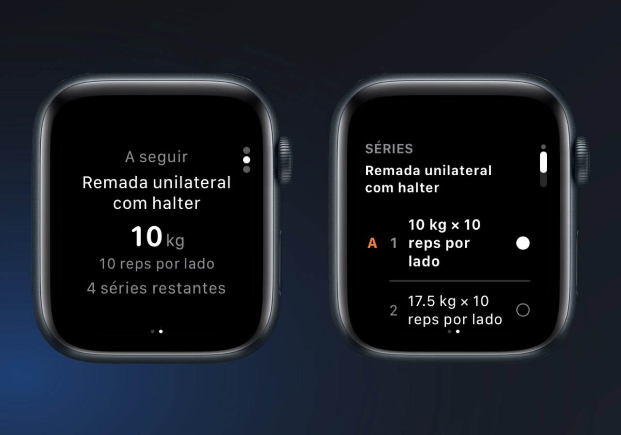 A seguir mostra Remada unilateral com halter com 10 kg e 10 repetições por lado, ao lado de Séries com um aquecimento de 10 kg e uma série de trabalho de 17,5 kg.
