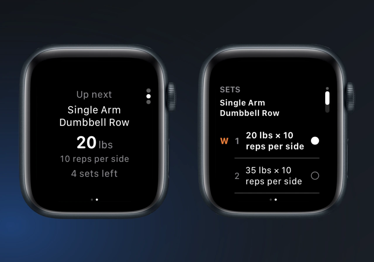 Up next for Single Arm Dumbbell Row at 20 pounds and 10 reps per side beside Sets with a 20-pound warm-up and a 35-pound working set.