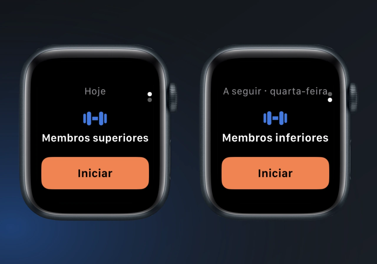 Treino de hoje, Membros superiores, ao lado da página A seguir com Membros inferiores, ambos com o botão Iniciar em laranja.
