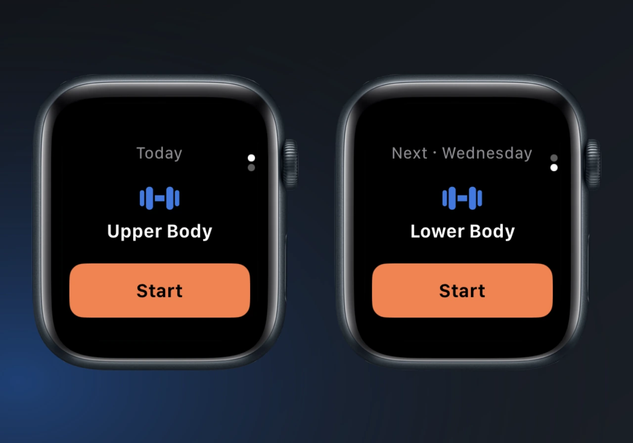 Today’s Upper Body workout beside the Next page for Lower Body, each with an orange Start button.