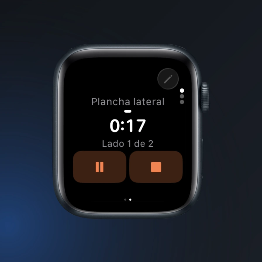 Plancha lateral con 17 segundos restantes en el lado 1 de 2 y controles para pausar y terminar el temporizador.