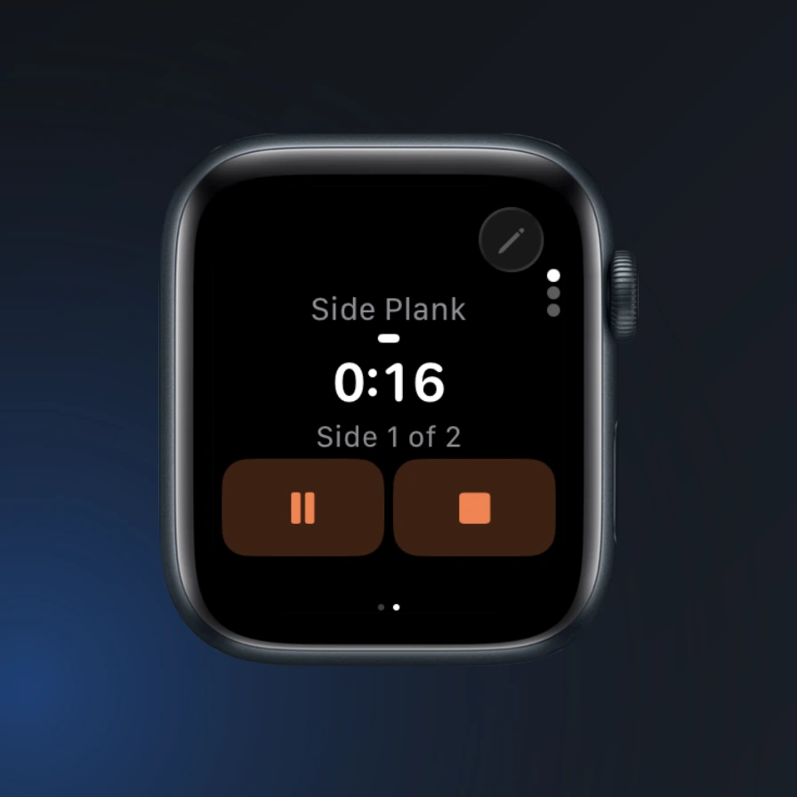 Side Plank with 16 seconds remaining on side 1 of 2, plus pause and finish-timer controls.