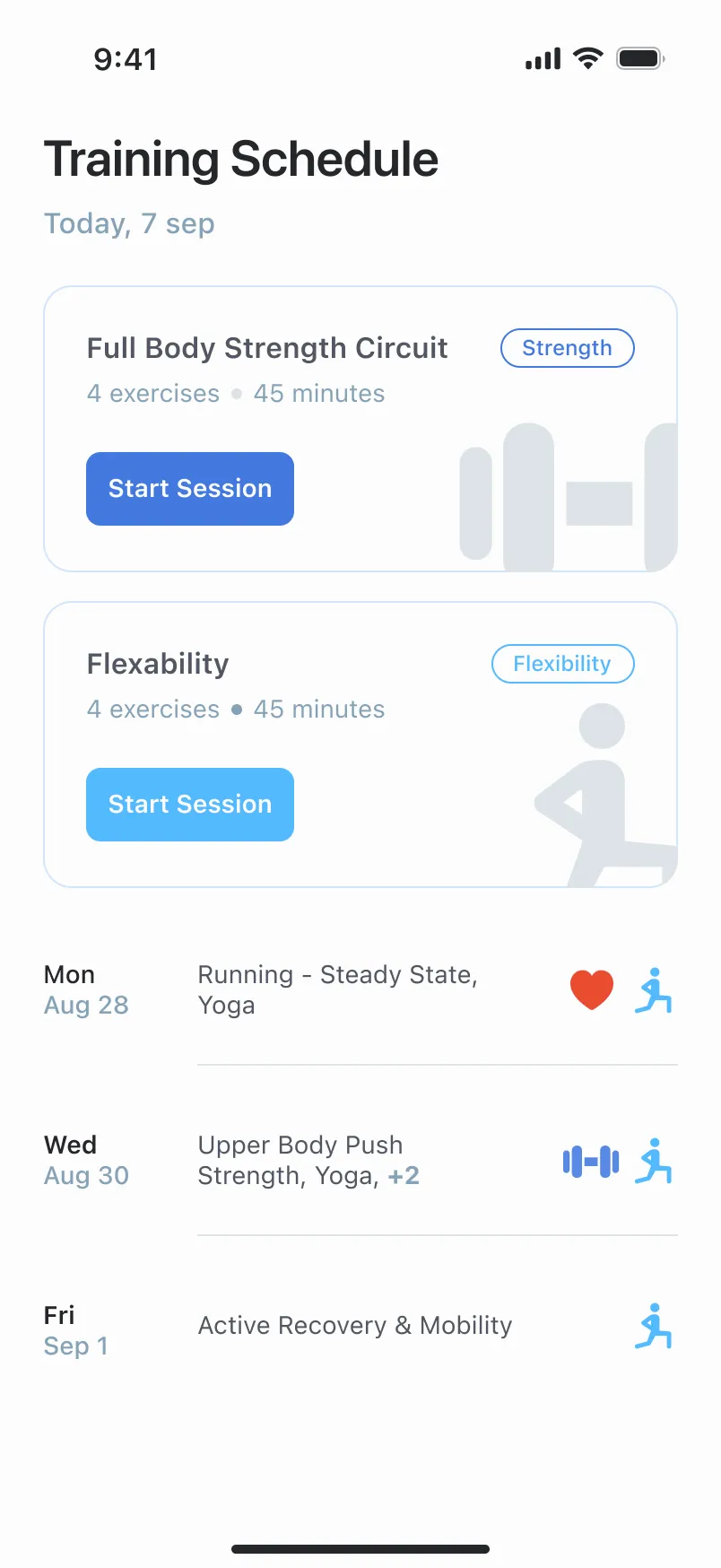 SensAI workout plan interface showing a personalized weekly training schedule
