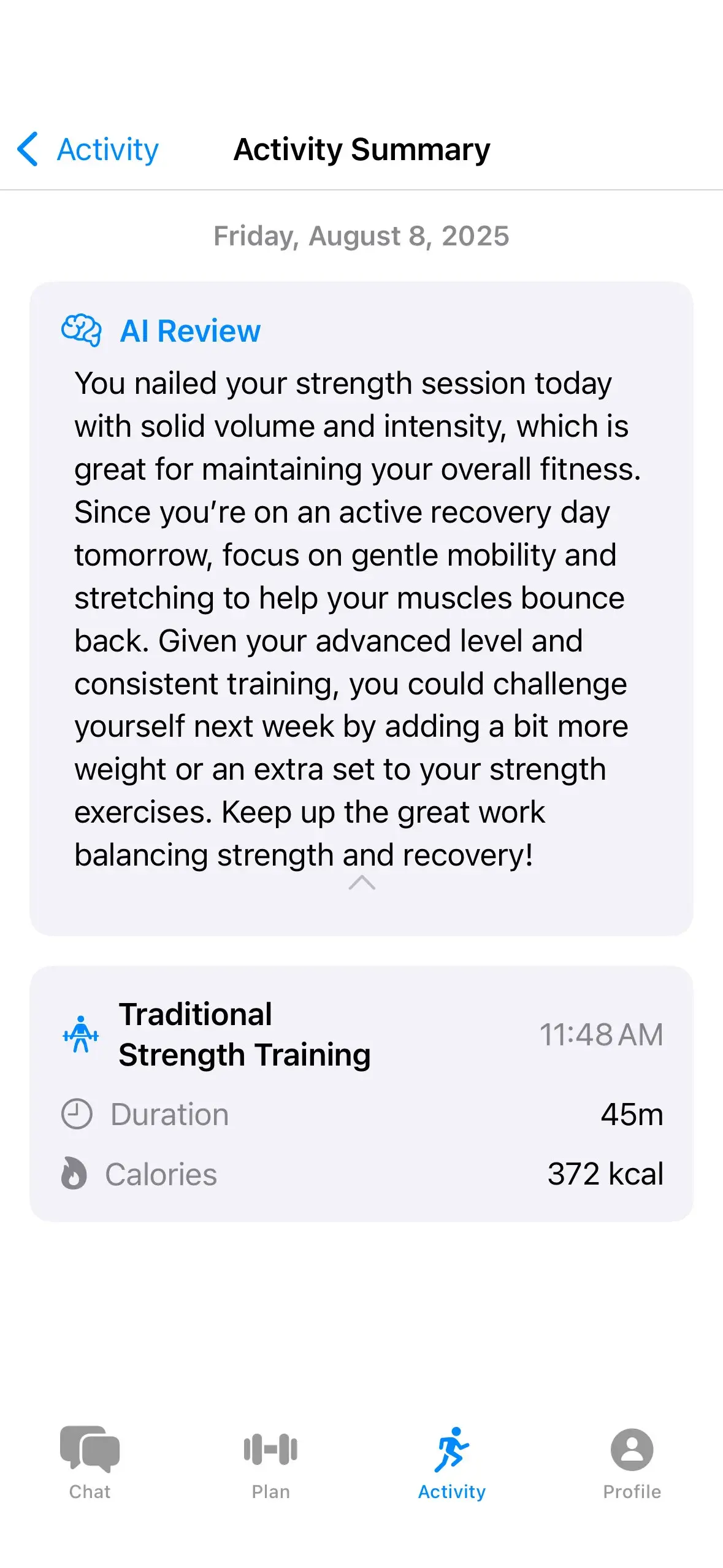SensAI activity tracking interface showing workout history and statistics