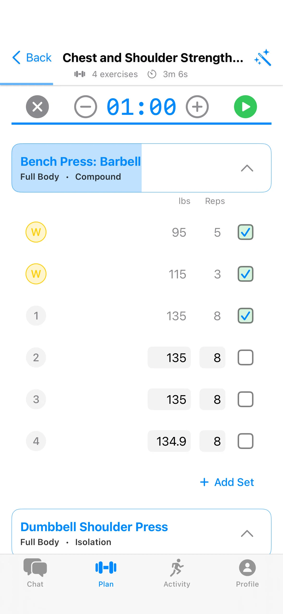 SensAI workout tracker - Exercise setup and planning interface