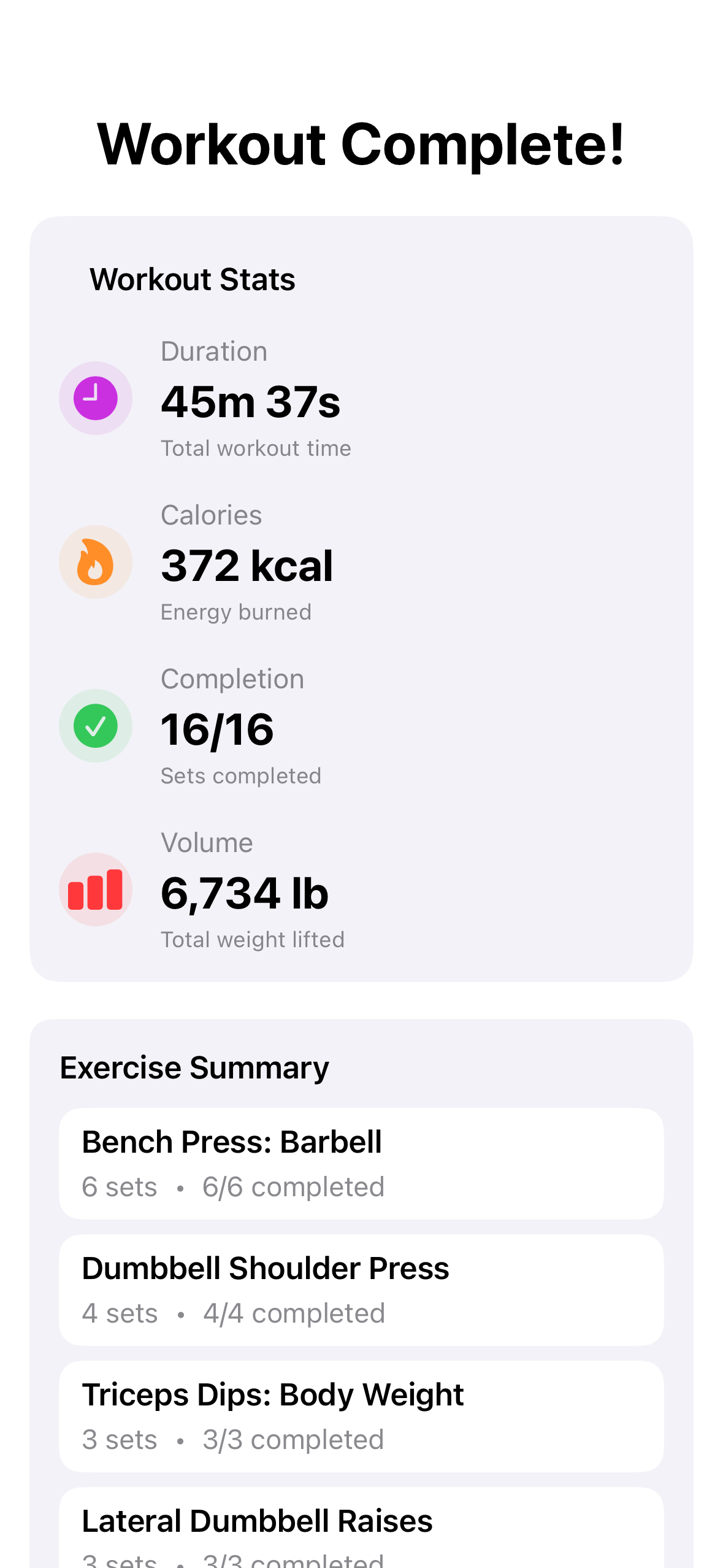 SensAI workout tracker - Workout completion and progress summary