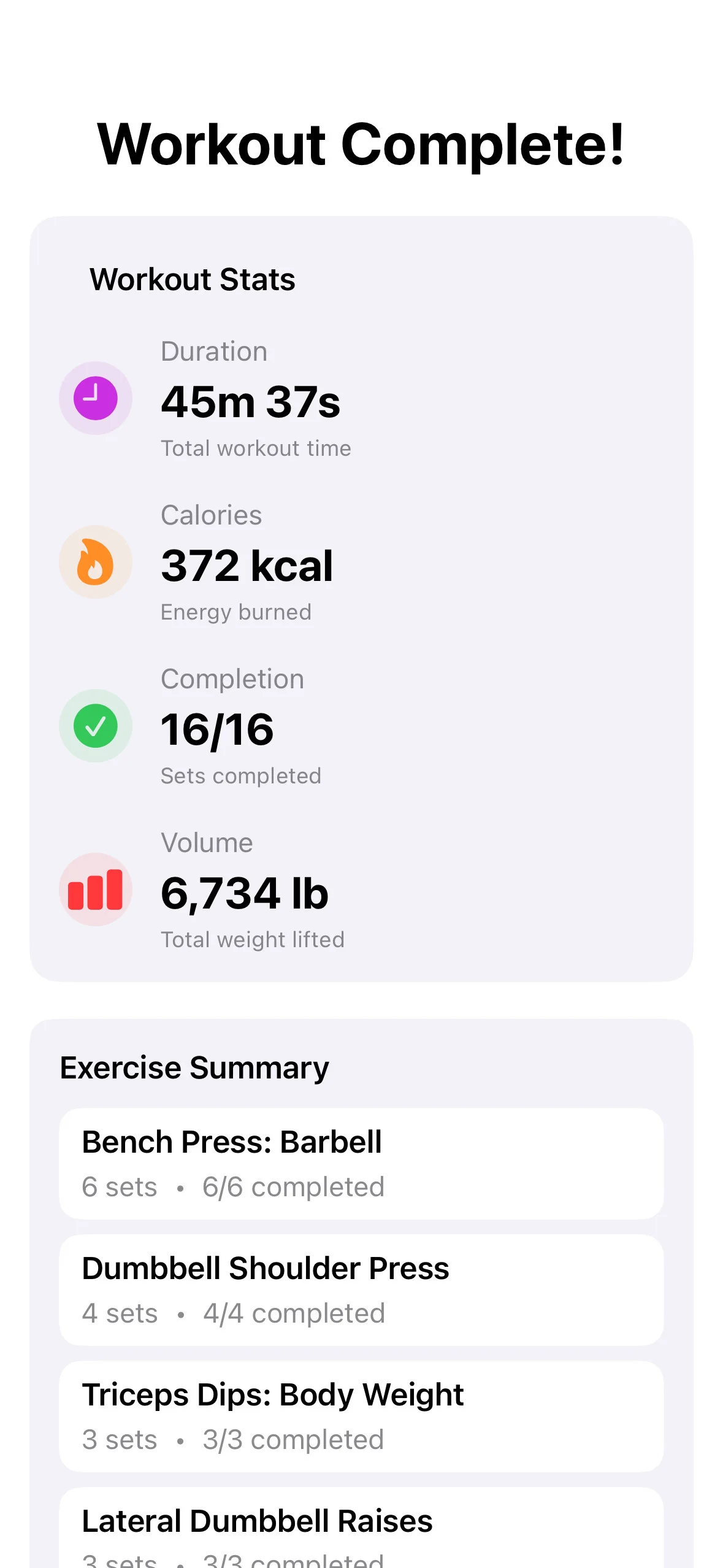 SensAI workout tracker - Workout completion and progress summary